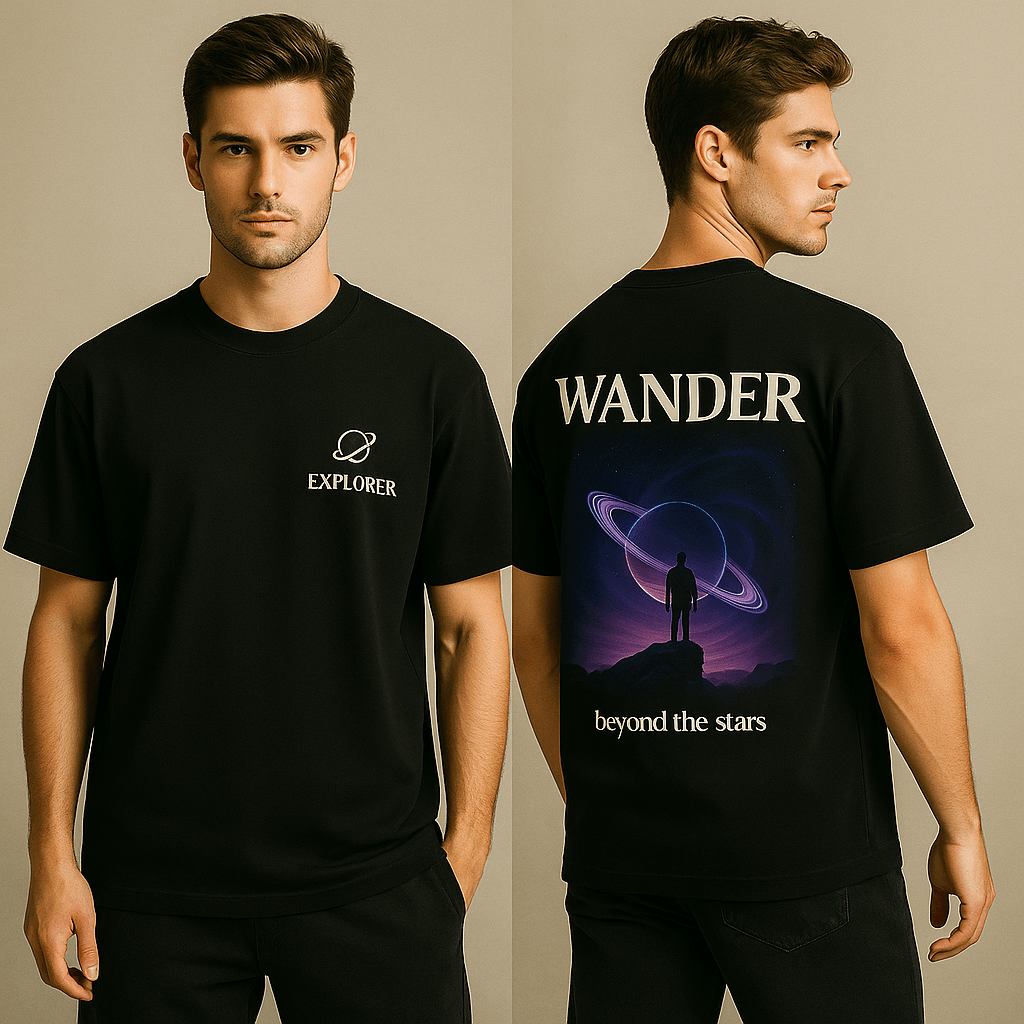 Wander Beyond the Stars – Oversized Graphic T-Shirt (Black) - RAAW