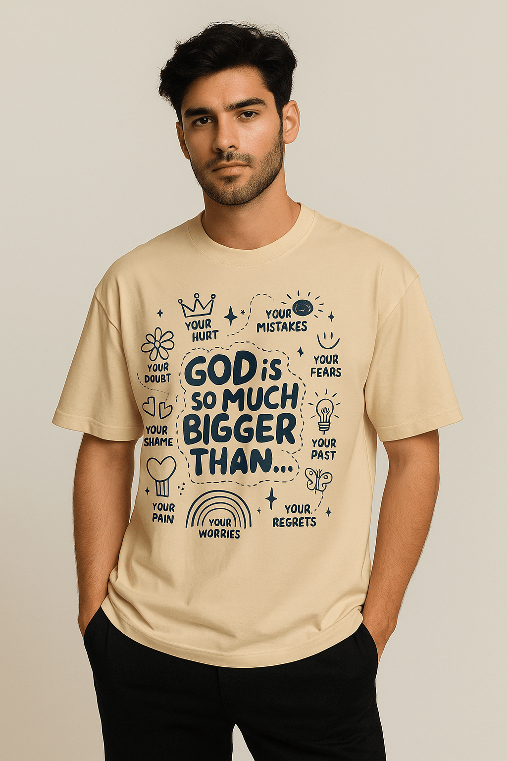 God Is Bigger Than Your Fears – Oversized T-Shirt (Beige) - RAAW