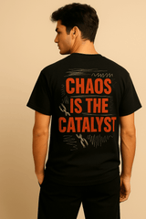 Oversized "CHAOS IS THE CATALYST" Black T-shirt – Motivational Streetwear, Unisex Relaxed Fit - RAAW