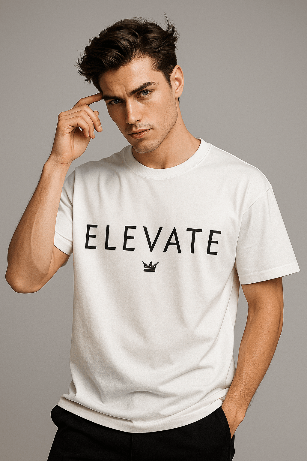 Oversized "ELEVATE" White Cotton T-shirt – Minimalist Typographic Print, Men’s Relaxed Fit - RAAW
