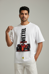 White oversized t-shirt with bold Sebastian Vettel Ferrari F1 racing car graphic print, premium 240 GSM cotton, streetwear style for motorsport fans.