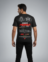 Person wearing a black t-shirt with 'Checo Perez' design on the back against a gray background