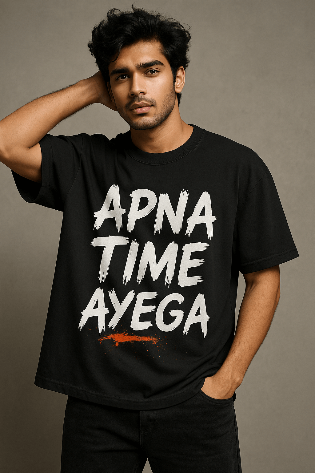 Oversized "APNA TIME AYEGA" Black T-shirt – Motivational Hindi Streetwear, Unisex Relaxed Fit