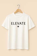 Oversized "ELEVATE" White Cotton T-shirt – Minimalist Typographic Print, Men’s Relaxed Fit - RAAW