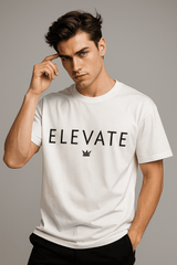 Oversized "ELEVATE" White Cotton T-shirt – Minimalist Typographic Print, Men’s Relaxed Fit - RAAW