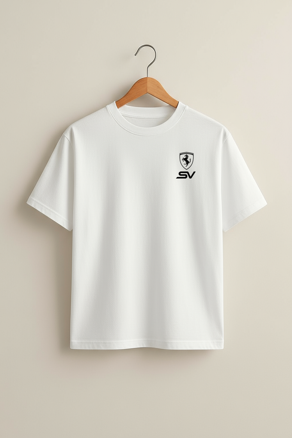 White t-shirt with a logo and text on a beige background