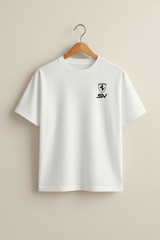 White t-shirt with a logo and text on a beige background