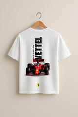 White t-shirt with Formula 1 car graphic and 'Sebastian Vettel' text on a beige background