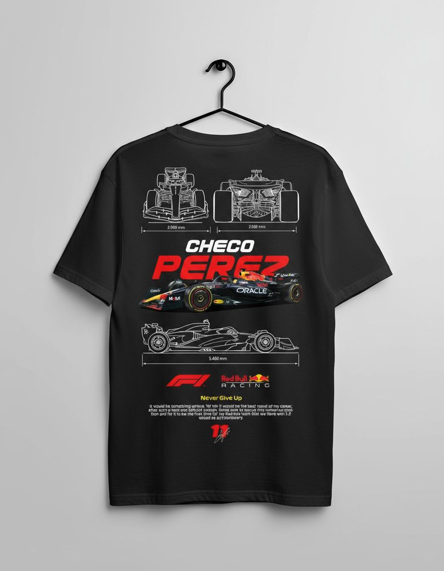 Black t-shirt with Formula 1 car design and 'Checo Perez' text on a gray background