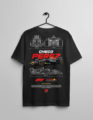 Black t-shirt with Formula 1 car design and 'Checo Perez' text on a gray background