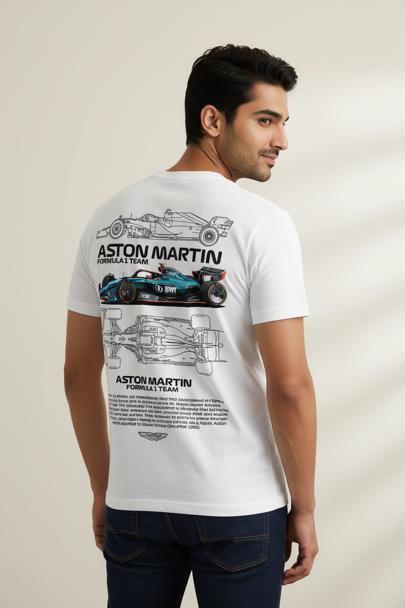 Back view of white oversized t-shirt with Aston Martin Formula 1 car graphic and technical sketch, premium cotton streetwear for racing fans.