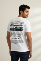 Back view of white oversized t-shirt with Aston Martin Formula 1 car graphic and technical sketch, premium cotton streetwear for racing fans.