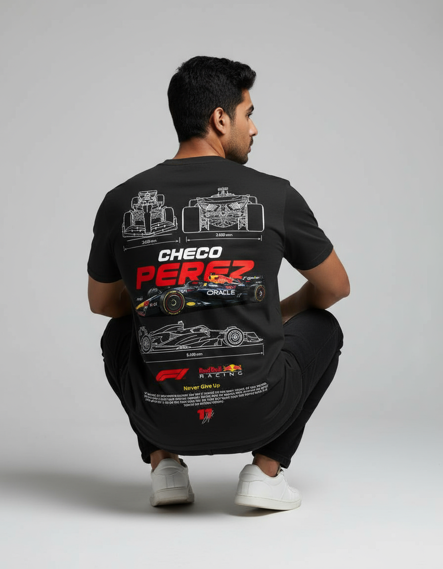 Person wearing a black t-shirt with 'Checo Perez' design on the back, sitting against a plain background.