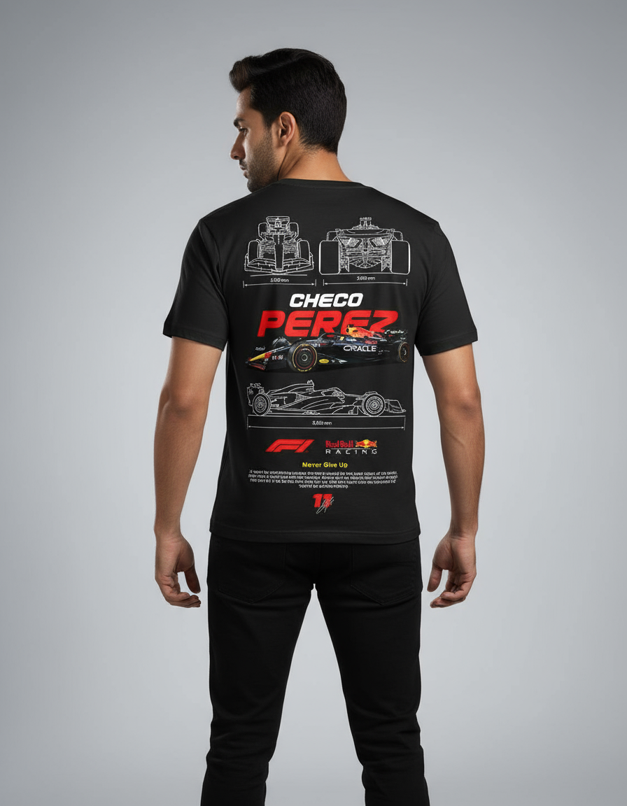 Person wearing a black t-shirt with 'Checo Perez' design on the back against a gray background